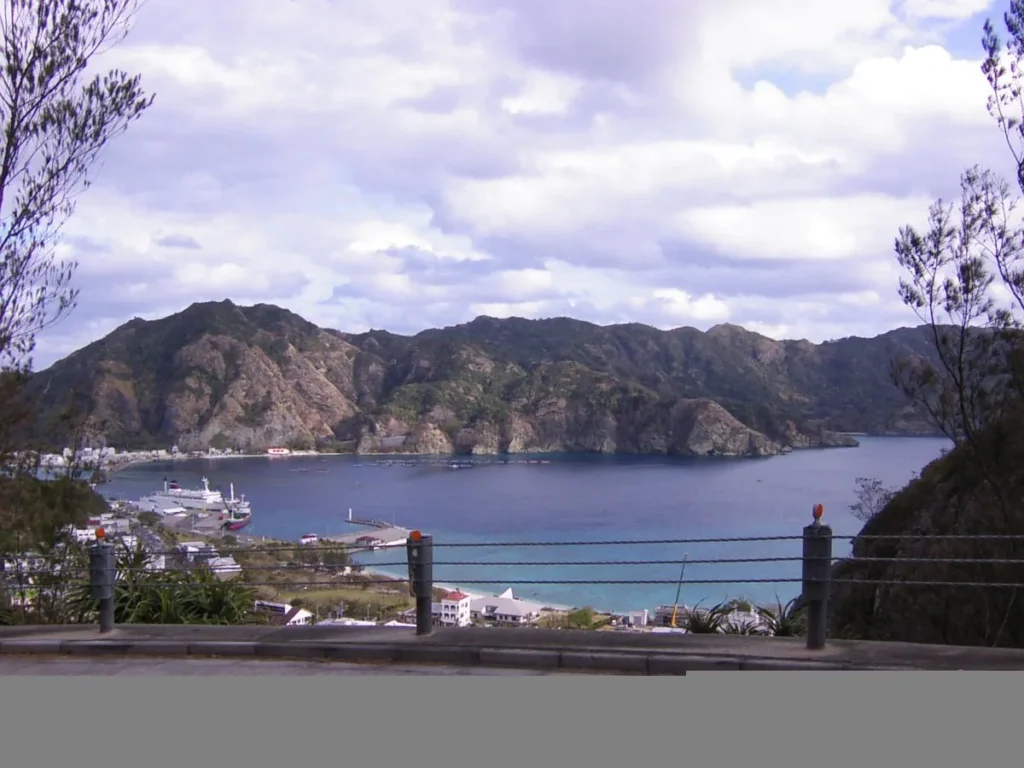 二見港と大村集落が見える、二見港に停泊する大きな船はおがさわら丸。少し小さな船はははじま丸。