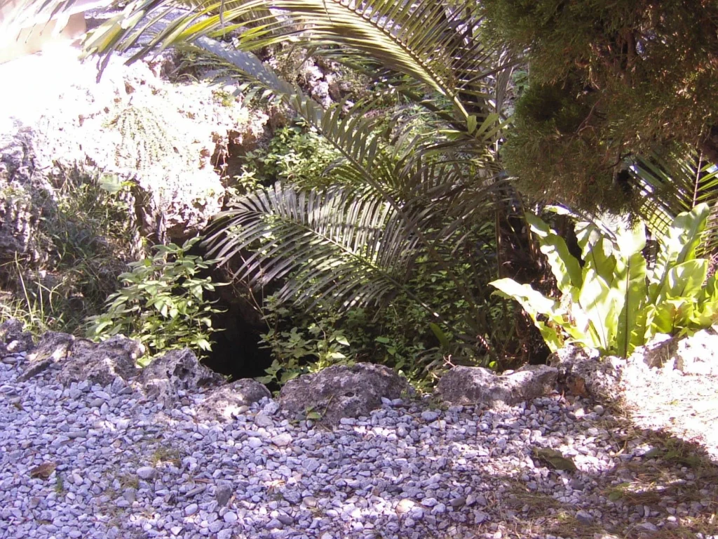 慰霊碑のそばに口を開ける「ガマ」（自然洞窟）。多くの学徒や住民がここに身を潜め、そして命を落とした。