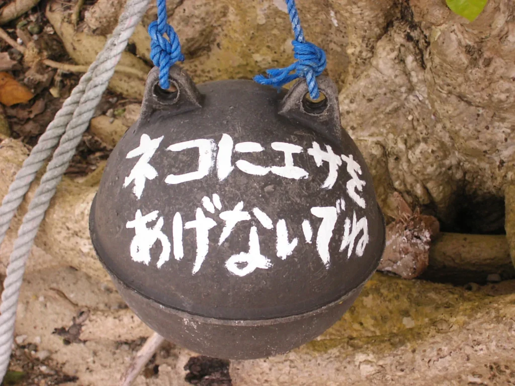 漁具の浮き玉を利用した看板。「ネコにエサをあげないでね」という手書きのメッセージ