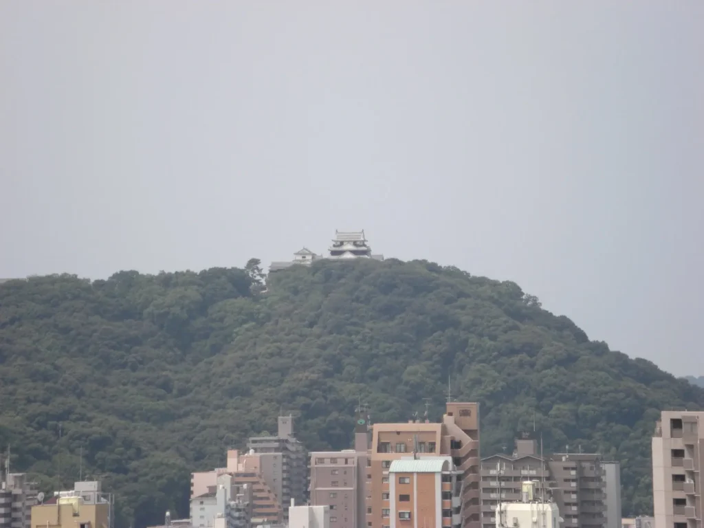 松山城天守閣のアップ。距離の割には小さく感じる。