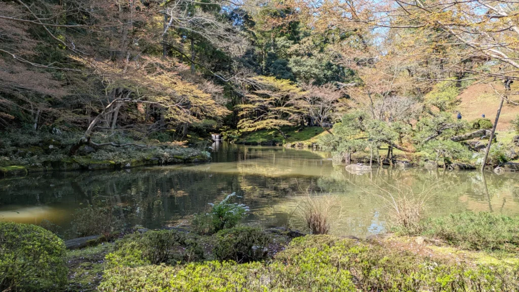 成田山公園にある文殊池。穏やかな水面に周囲の木々が映り込む。