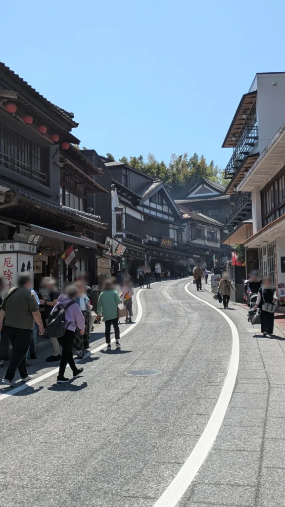 緩やかな坂道に沿って続く参道。車も時々通る。